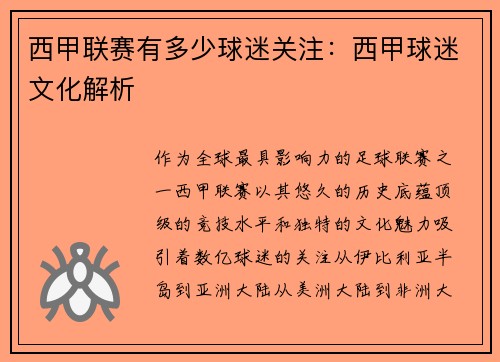 西甲联赛有多少球迷关注：西甲球迷文化解析